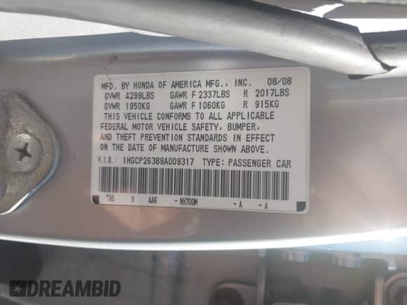 2009 Honda Accord LX with VIN 1HGCP26389A009317, listed as a IAAI auction lot 43075924 with 158,202 mi miles and . Bid and sale history available at DreamBid. Image 9.