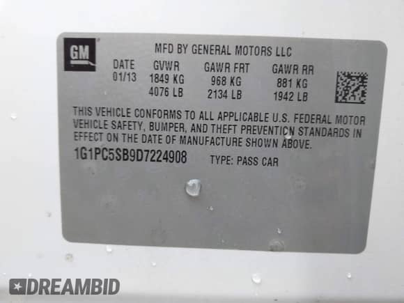 2013 Chevrolet Cruze 1LT with VIN 1G1PC5SB9D7224908, listed as a IAAI auction lot 43394715 with 171,179 mi miles and . Bid and sale history available at DreamBid. Image 9.