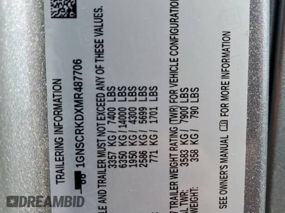 2021 Chevrolet Tahoe RST z VIN 1GNSCRKDXMR487706, wystawiony jako Copart lot #70912335 z przebiegiem 44 154 mil mil oraz Szkoda całkowita • Salvage title. Historia ofert i sprzedaży dostępna na DreamBid. Obrazek 14.