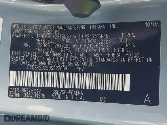 2008 Toyota Sienna LE с VIN 5TDZK23C58S122669, выставлен на аукционе IAAI как лот 43480942 с пробегом 218 988 миль миль и . История ставок и продаж доступна на DreamBid. Изображение 9.