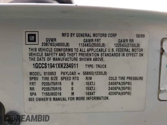 1999 Chevrolet S-10 LS с VIN 1GCCS1941XK234911, выставлен на аукционе IAAI как лот 42717261 с пробегом 141 268 миль миль и . История ставок и продаж доступна на DreamBid. Изображение 9.
