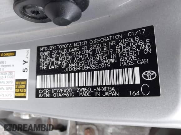 2017 Toyota Prius Two z VIN JTDKBRFU5H3550919, wystawiony jako IAAI lot #43525414 z przebiegiem 15 094 mil mil oraz . Historia ofert i sprzedaży dostępna na DreamBid. Obrazek 9.