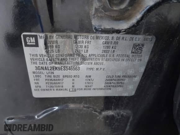 2014 Chevrolet Captiva Sport LS z VIN 3GNAL2EK9ES546563, wystawiony jako IAAI lot #43058779 z przebiegiem 171 269 mil mil oraz . Historia ofert i sprzedaży dostępna na DreamBid. Obrazek 9.