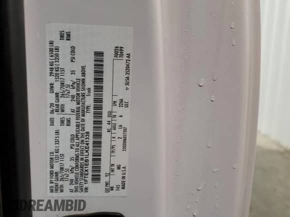 2020 Ford F-150 XL with VIN 1FTEX1EB1LKE41338, listed as a Copart auction lot 46285375 with 112,308 mi miles and Clean title. Bid and sale history available at DreamBid. Image 12.