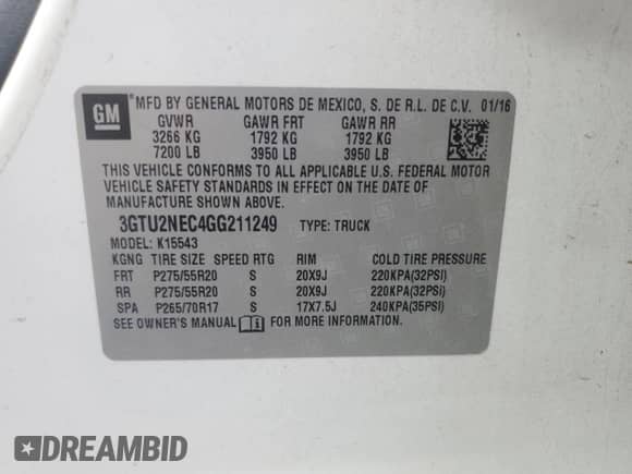 2016 GMC Sierra 1500 SLT with VIN 3GTU2NEC4GG211249, listed as a Copart auction lot 84008905 with 183,573 mi miles and Salvage title. Bid and sale history available at DreamBid. Image 13.