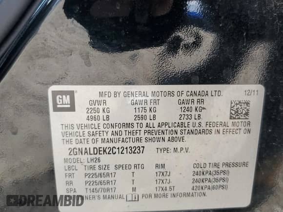 2012 Chevrolet Equinox 1LT with VIN 2GNALDEK2C1213237, listed as a Copart auction lot 85260035 with 111,799 mi miles and Salvage title. Bid and sale history available at DreamBid. Image 13.