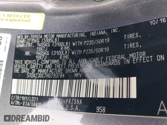 2017 Toyota Sienna SE with VIN 5TDXZ3DC7HS793784, listed as a IAAI auction lot 42083291 with 190,894 mi miles and . Bid and sale history available at DreamBid. Image 9.