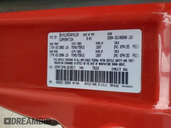 2001 Dodge 1500 with VIN 1B7HF13Y01J610517, listed as a Copart auction lot 66137855 with 150,338 mi miles and Salvage title. Bid and sale history available at DreamBid. Image 13.