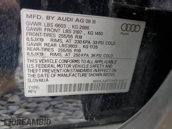 2017 Audi Q7 Premium Plus with VIN WA1LAAF71HD024617, listed as a Copart auction lot 86234155 with 127,745 mi miles and Clean title. Bid and sale history available at DreamBid. Image 13.