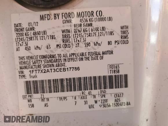 2012 Ford F-250 XL с VIN 1FT7X2AT3CEB17786, выставлен на аукционе Copart как лот 78423554 с пробегом Не указан миль и Чистый • Clean title. История ставок и продаж доступна на DreamBid. Изображение 13.