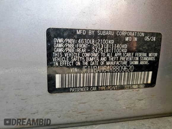 2024 Subaru WRX Premium with VIN JF1VBAH64R8809620, listed as a Copart auction lot 67376525 with 15,100 mi miles and Salvage title. Bid and sale history available at DreamBid. Image 12.