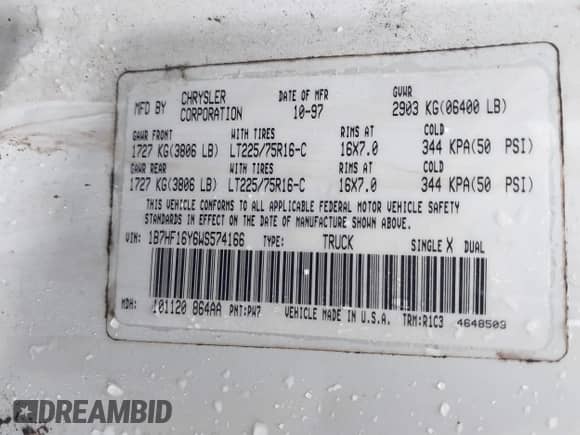 1998 Dodge 1500 with VIN 1B7HF16Y6WS574166, listed as a IAAI auction lot 41791541 with 156,411 mi miles and . Bid and sale history available at DreamBid. Image 9.