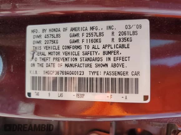 2009 Honda Accord EX with VIN 1HGCP36769A040123, listed as a Copart auction lot 64513775 with 278,186 mi miles and Clean title. Bid and sale history available at DreamBid. Image 12.