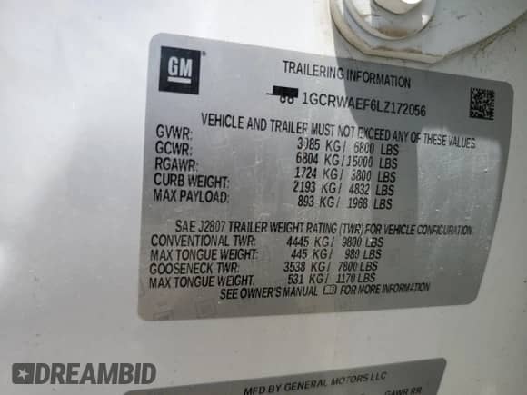 2020 Chevrolet Silverado 1500 Work Truck z VIN 1GCRWAEF6LZ172056, wystawiony jako Copart lot #61770935 z przebiegiem 56 828 mil mil oraz Szkoda całkowita • Salvage title. Historia ofert i sprzedaży dostępna na DreamBid. Obrazek 12.