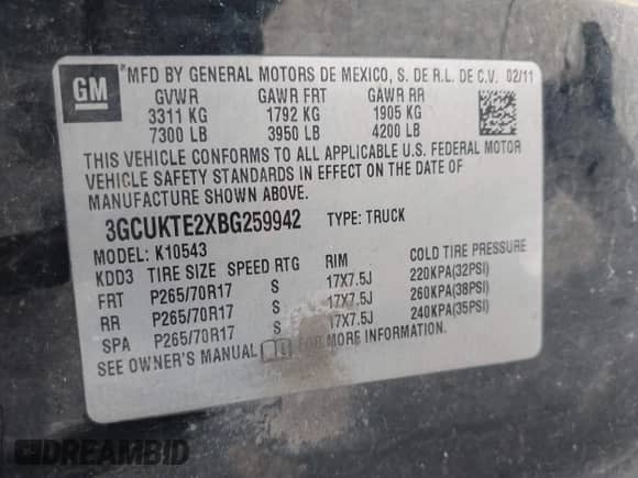 2011 Chevrolet Silverado 1500 LTZ with VIN 3GCUKTE2XBG259942, listed as a IAAI auction lot 43181017 with 219,497 mi miles and . Bid and sale history available at DreamBid. Image 9.