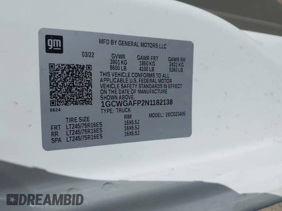 2022 Chevrolet Express Cargo with VIN 1GCWGAFP2N1182138, listed as a IAAI auction lot 43558627 with 105,669 mi miles and . Bid and sale history available at DreamBid. Image 9.