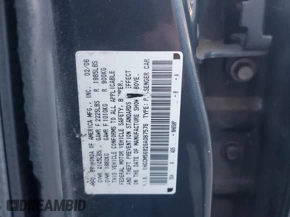 2006 Honda Accord EX-L с VIN 1HGCM56826A087576, выставлен на аукционе Copart как лот 85110905 с пробегом Не указан миль и Списание • Salvage title. История ставок и продаж доступна на DreamBid. Изображение 12.