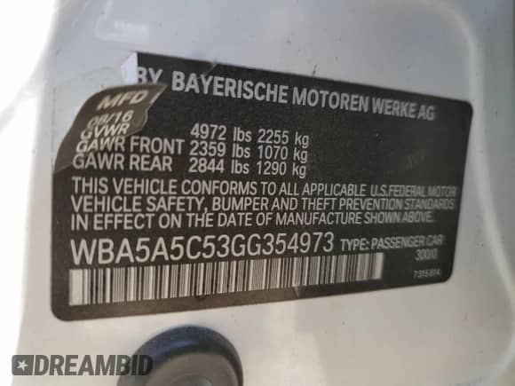 2016 BMW 5 Series 528i с VIN WBA5A5C53GG354973, выставлен на аукционе Copart как лот 66045665 с пробегом Не указан миль и На запчасти • Non repairable. История ставок и продаж доступна на DreamBid. Изображение 12.