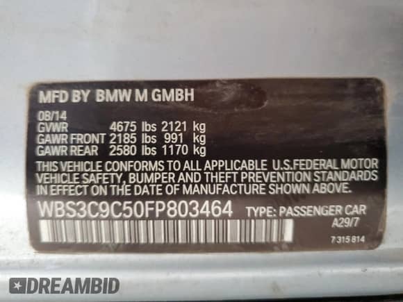 2015 BMW M3 z VIN WBS3C9C50FP803464, wystawiony jako Copart lot #70180545 z przebiegiem Nie podano mil oraz Czysty tytuł • Clean title. Historia ofert i sprzedaży dostępna na DreamBid. Obrazek 12.