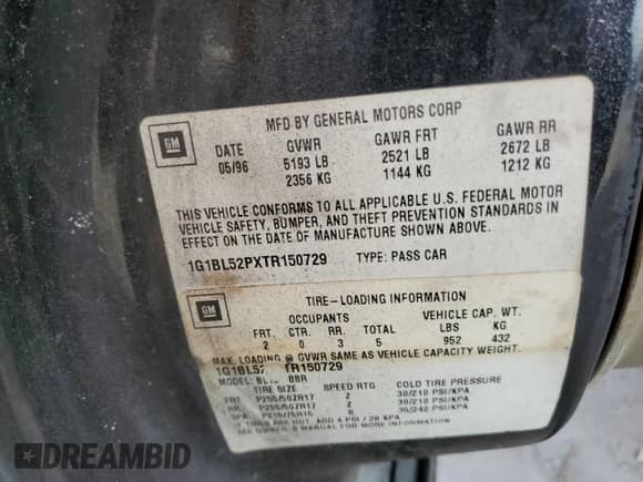 1996 Chevrolet Caprice 1SA Special Value z VIN 1G1BL52PXTR150729, wystawiony jako Copart lot #79343504 z przebiegiem 188 919 mil mil oraz Czysty tytuł • Clean title. Historia ofert i sprzedaży dostępna na DreamBid. Obrazek 13.