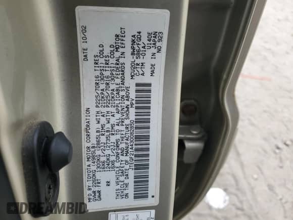 2003 Toyota Highlander Limited с VIN JTEGF21A430082850, выставлен на аукционе Copart как лот 68038695 с пробегом 170 636 миль миль и Чистый • Clean title. История ставок и продаж доступна на DreamBid. Изображение 13.