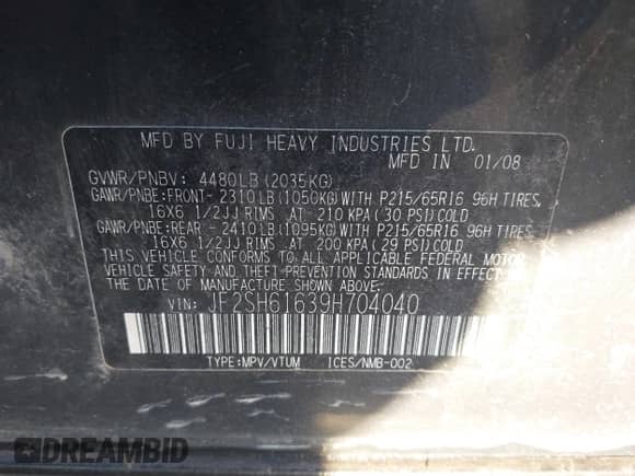 2009 Subaru Forester X with VIN JF2SH61639H704040, listed as a IAAI auction lot 43255457 with 180,871 mi miles and . Bid and sale history available at DreamBid. Image 9.