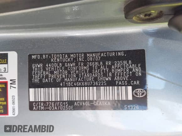 2008 Toyota Camry LE z VIN 4T1BE46K68U736225, wystawiony jako IAAI lot #42744320 z przebiegiem 192 242 mil mil oraz . Historia ofert i sprzedaży dostępna na DreamBid. Obrazek 9.