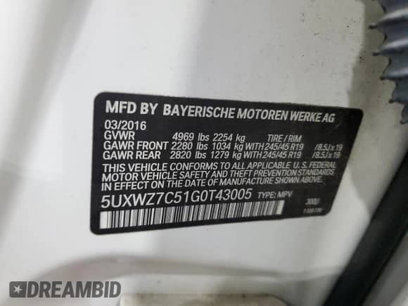 2016 BMW X3 sDrive28i with VIN 5UXWZ7C51G0T43005, listed as a Copart auction lot 64726535 with Not provided miles and Salvage title. Bid and sale history available at DreamBid. Image 13.