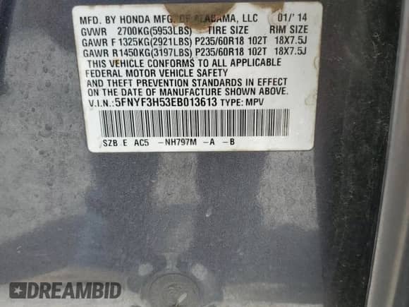 2014 Honda Pilot EX-L with VIN 5FNYF3H53EB013613, listed as a Copart auction lot 64211105 with 282,333 mi miles and Salvage title. Bid and sale history available at DreamBid. Image 12.