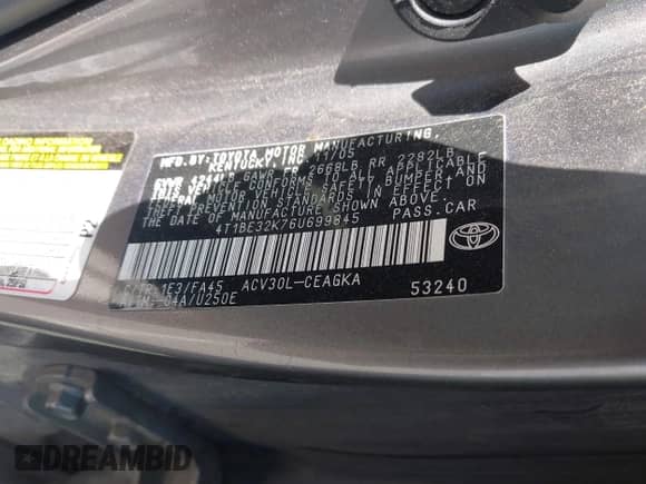 2006 Toyota Camry STD с VIN 4T1BE32K76U699845, выставлен на аукционе IAAI как лот 42699612 с пробегом 128 532 миль миль и . История ставок и продаж доступна на DreamBid. Изображение 9.