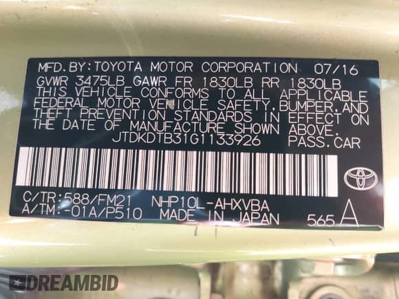 2016 Toyota Prius One z VIN JTDKDTB31G1133926, wystawiony jako IAAI lot #43106960 z przebiegiem Nie podano mil oraz . Historia ofert i sprzedaży dostępna na DreamBid. Obrazek 9.