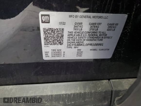 2023 Cadillac Escalade 4WD Premium Luxury with VIN 1GYS4BKL0PR108991, listed as a Copart auction lot 65377015 with 49,323 mi miles and Non repairable. Bid and sale history available at DreamBid. Image 14.