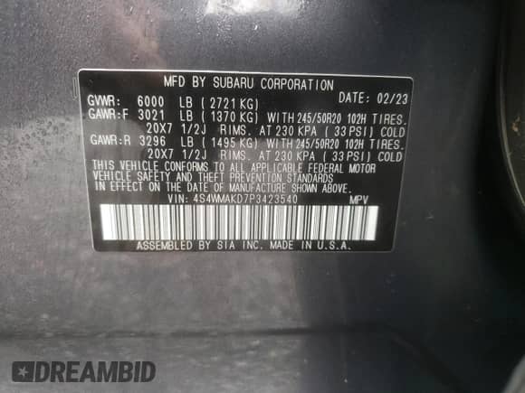 2023 Subaru Ascent Onyx Limited с VIN 4S4WMAKD7P3423540, выставлен на аукционе Copart как лот 48181215 с пробегом Не указан миль и Списание • Salvage title. История ставок и продаж доступна на DreamBid. Изображение 13.