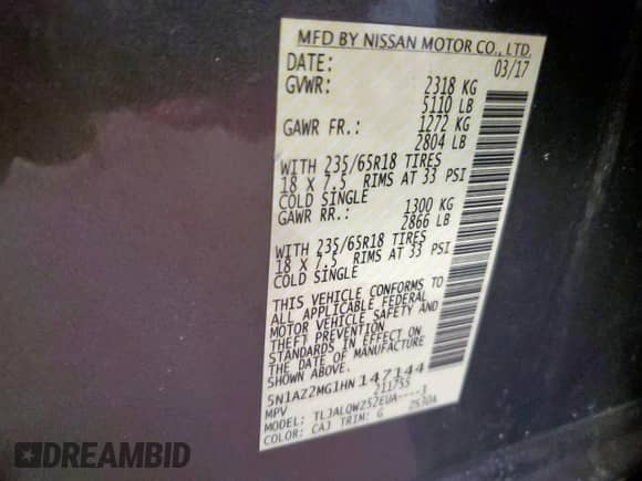 2017 Nissan Murano SV с VIN 5N1AZ2MG1HN147144, выставлен на аукционе Copart как лот 67663635 с пробегом 86 102 миль миль и Списание • Salvage title. История ставок и продаж доступна на DreamBid. Изображение 14.