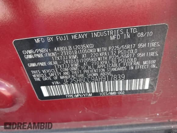 2010 Subaru Forester X Premium с VIN JF2SH6CC9AH917839, выставлен на аукционе IAAI как лот 43457944 с пробегом 257 088 миль миль и . История ставок и продаж доступна на DreamBid. Изображение 9.