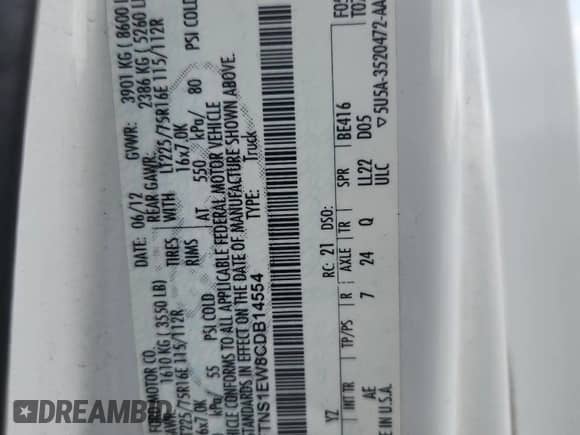 2012 Ford Econoline Cargo Commercial z VIN 1FTNS1EW8CDB14554, wystawiony jako Copart lot #63767475 z przebiegiem 250 712 mil mil oraz Szkoda całkowita • Salvage title. Historia ofert i sprzedaży dostępna na DreamBid. Obrazek 14.