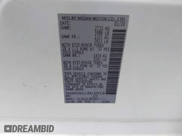 2020 Nissan Pathfinder SL z VIN 5N1DR2CN1LC603919, wystawiony jako IAAI lot #40834376 z przebiegiem 84 726 mil mil oraz . Historia ofert i sprzedaży dostępna na DreamBid. Obrazek 9.