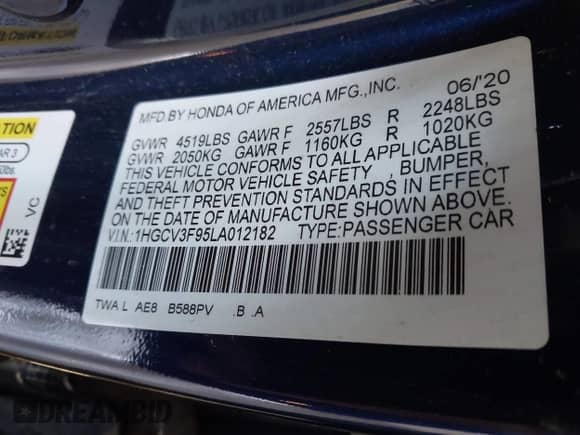2020 Honda Accord Touring with VIN 1HGCV3F95LA012182, listed as a IAAI auction lot 42510566 with 60,426 mi miles and . Bid and sale history available at DreamBid. Image 9.