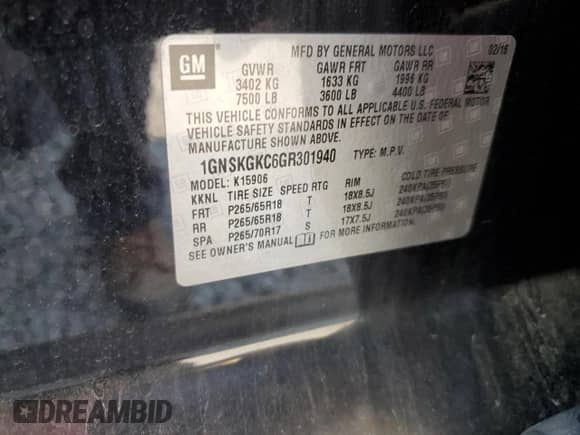 2016 Chevrolet Suburban LS с VIN 1GNSKGKC6GR301940, выставлен на аукционе Copart как лот 59193615 с пробегом 124 933 миль миль и Списание • Salvage title. История ставок и продаж доступна на DreamBid. Изображение 14.