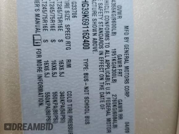 2009 Chevrolet Express Passenger с VIN 1GAHG39K691162400, выставлен на аукционе Copart как лот 69941455 с пробегом 93 557 миль миль и Списание • Salvage title. История ставок и продаж доступна на DreamBid. Изображение 13.