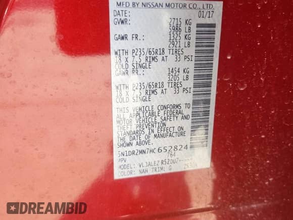 2017 Nissan Pathfinder Platinum with VIN 5N1DR2MN7HC652824, listed as a Copart auction lot 69241655 with 140,346 mi miles and Salvage title. Bid and sale history available at DreamBid. Image 13.