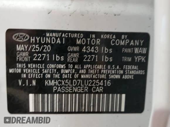 2020 Hyundai Ioniq Limited with VIN KMHCX5LD7LU225416, listed as a Copart auction lot 40221824 with 33,440 mi miles and . Bid and sale history available at DreamBid. Image 13.