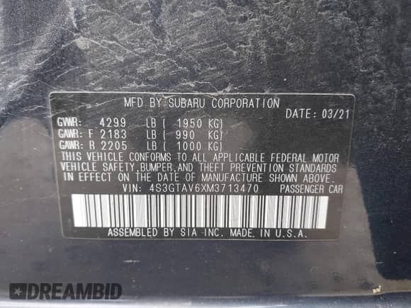 2021 Subaru Impreza Premium with VIN 4S3GTAV6XM3713470, listed as a IAAI auction lot 42991256 with 62,733 mi miles and . Bid and sale history available at DreamBid. Image 9.