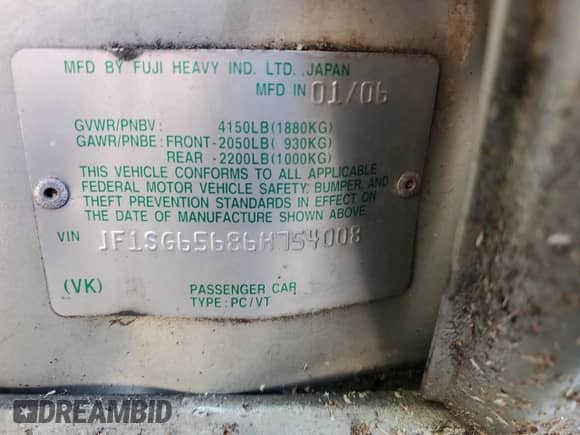 2006 Subaru Forester X with VIN JF1SG65686H754008, listed as a Copart auction lot 57283625 with Not provided miles and Salvage title. Bid and sale history available at DreamBid. Image 13.