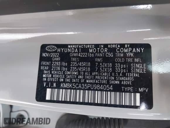 2023 Hyundai Kona Limited z VIN KM8K5CA35PU984054, wystawiony jako IAAI lot #42290337 z przebiegiem 16 221 mil mil oraz . Historia ofert i sprzedaży dostępna na DreamBid. Obrazek 9.