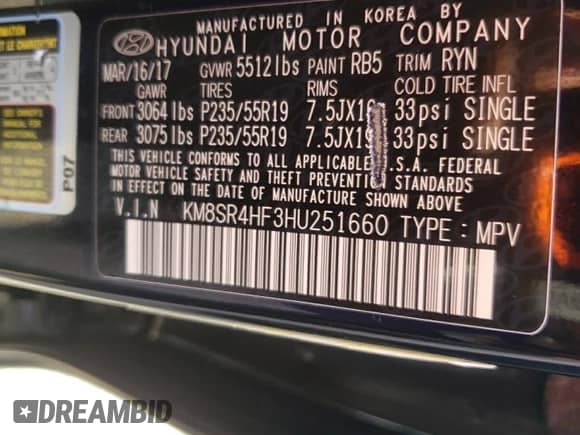 2017 Hyundai Santa Fe SE Ultimate z VIN KM8SR4HF3HU251660, wystawiony jako Copart lot #81108295 z przebiegiem 134 380 mil mil oraz Szkoda całkowita • Salvage title. Historia ofert i sprzedaży dostępna na DreamBid. Obrazek 14.