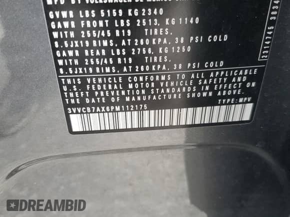 2023 Volkswagen Tiguan SE R-Line Black с VIN 3VVCB7AX6PM112175, выставлен на аукционе Copart как лот 66231495 с пробегом 27 403 миль миль и Списание • Salvage title. История ставок и продаж доступна на DreamBid. Изображение 13.