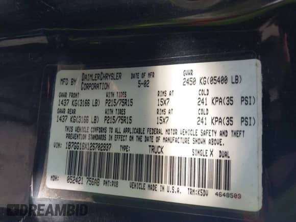 2002 Dodge Dakota with VIN 1B7GG16X12S702937, listed as a IAAI auction lot 43410215 with Not provided miles and . Bid and sale history available at DreamBid. Image 9.
