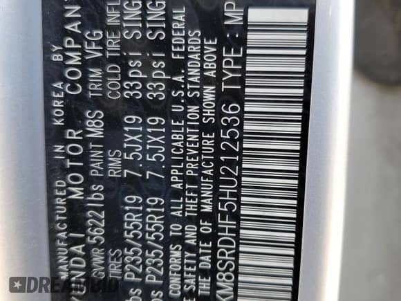 2017 Hyundai Santa Fe SE Ultimate with VIN KM8SRDHF5HU212536, listed as a Copart auction lot 56145225 with 147,704 mi miles and Salvage title. Bid and sale history available at DreamBid. Image 13.