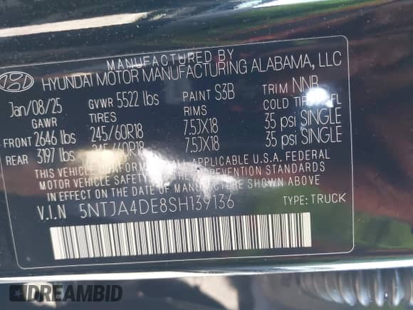 2025 Hyundai Santa Cruz SE with VIN 5NTJA4DE8SH139136, listed as a IAAI auction lot 42843357 with 10,372 mi miles and . Bid and sale history available at DreamBid. Image 9.
